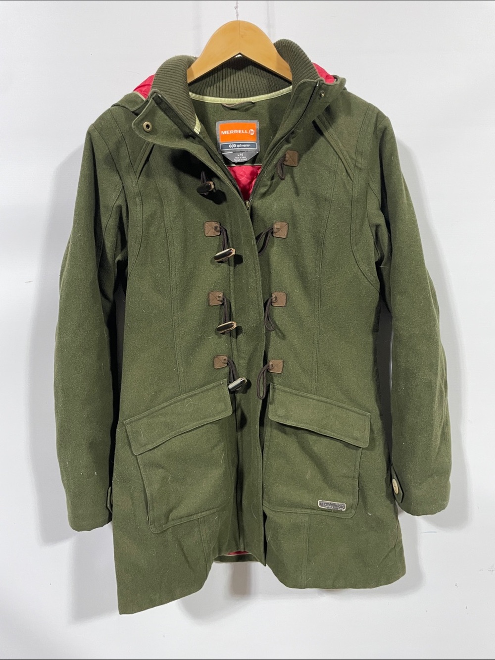 Merrell opti-warm Olive Green Toggle Coat with Red Lining